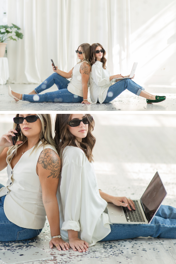 Two ladies sitting back to back with sunglasses on - one working on her phone and one working on her laptop