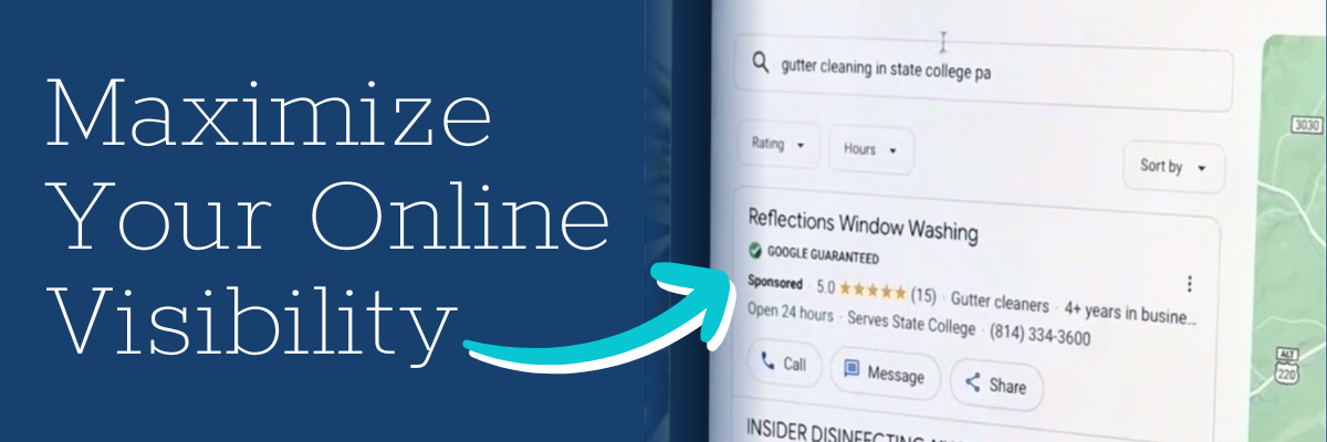 Maximize Your Online Visibility text on the right pointing to a Google My Business Profile on the right - maximizing by creating landing pages for SEO