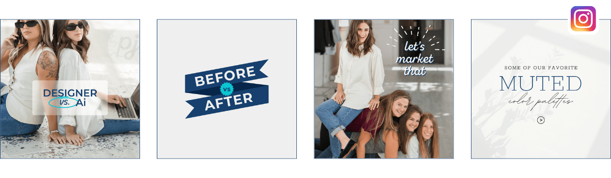 Women collaborating on laptops and smartphones alongside before-and-after design examples and muted color palette inspiration, showcasing creative workflow, social media marketing, and brand awareness strategies